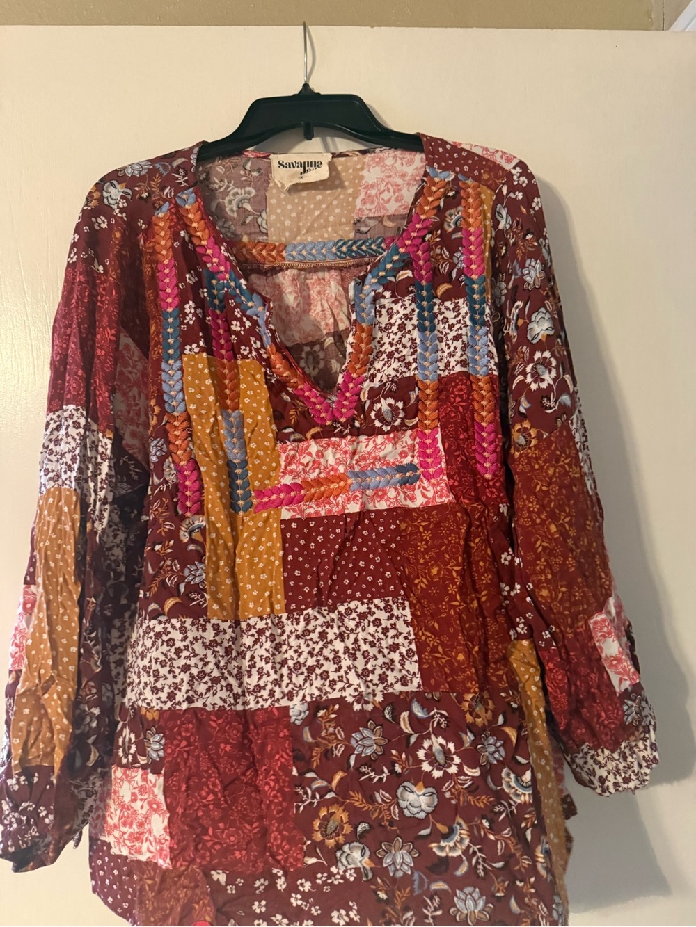 Savanna Jane Burgundy Multi Patchwork V-Neck Tunic